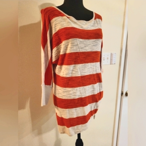 Express Orange & Cream Stripe Sweater W/Sleeves And Ruched Bottom Tie (Size Med) - Picture 4 of 15